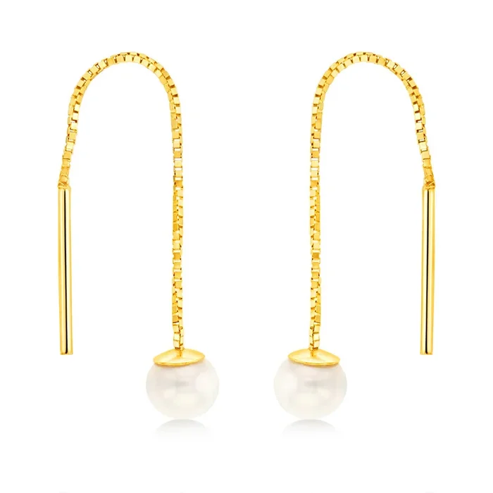9ct Yellow Gold Fresh Water Pearl Box Chain Threader Earrings