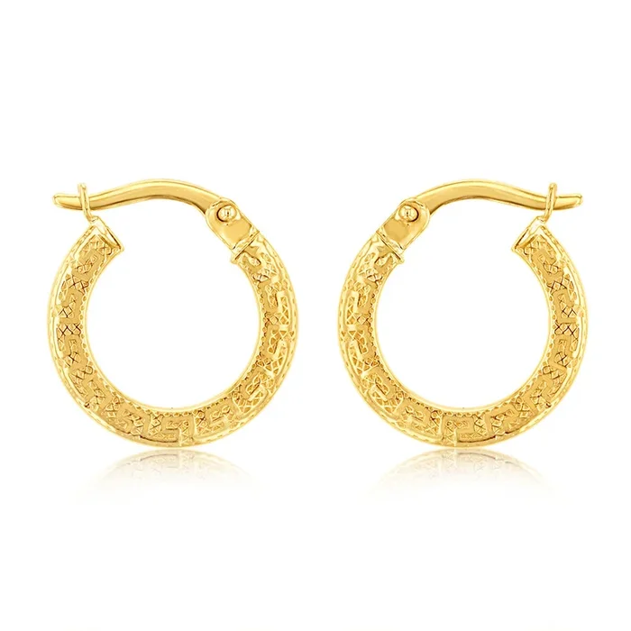 9ct Yellow Gold Greek Key 10mm Hoop Earrings