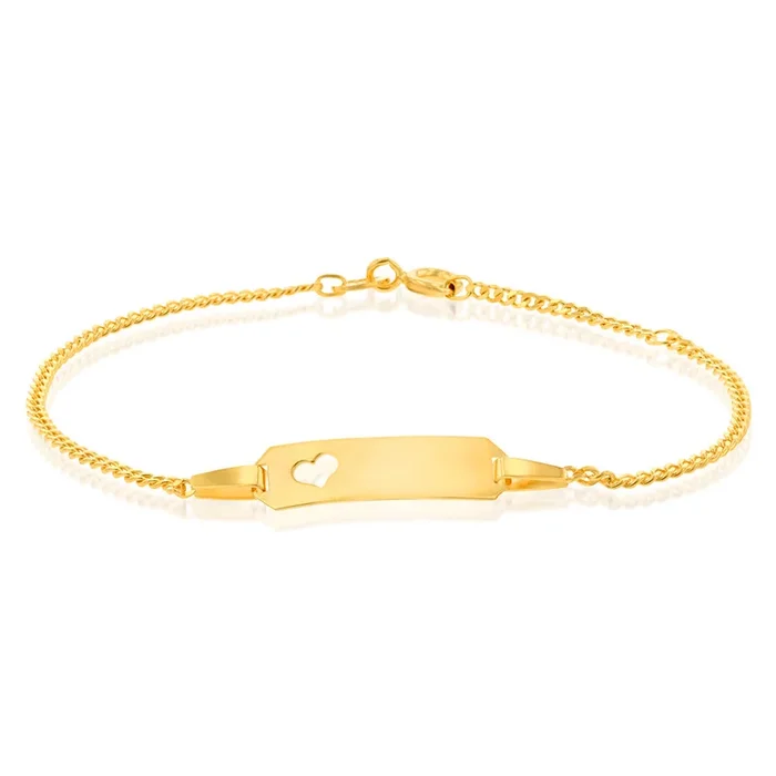 9ct Yellow Gold Heart Cut Out ID 45 Gauge Curb 16cm Baby Bracelet
