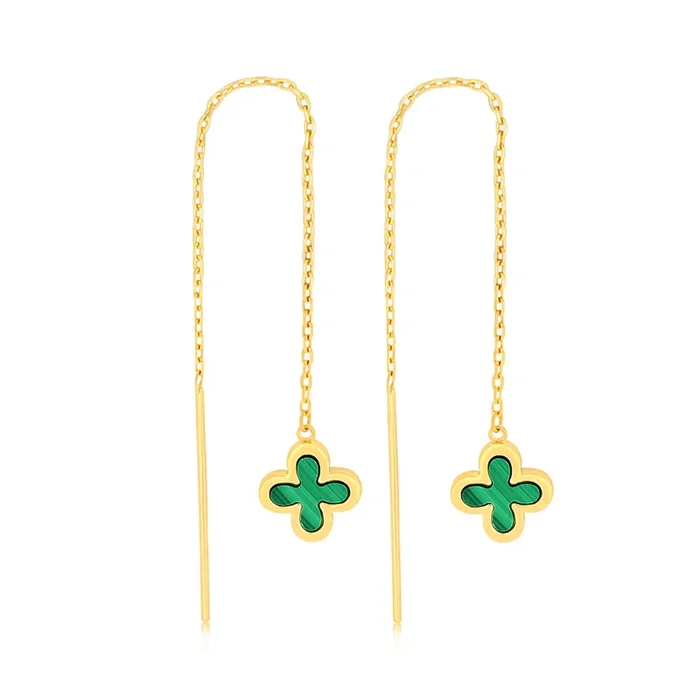 9ct Yellow Gold Malachite Clover Threader Drop Earrings