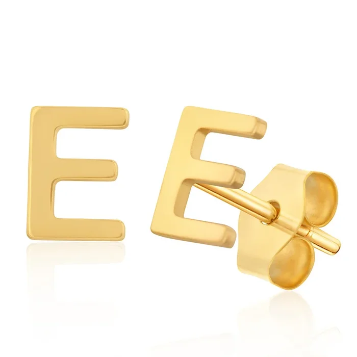 9ct Yellow Gold Mini Initial “E” Stud Earrings