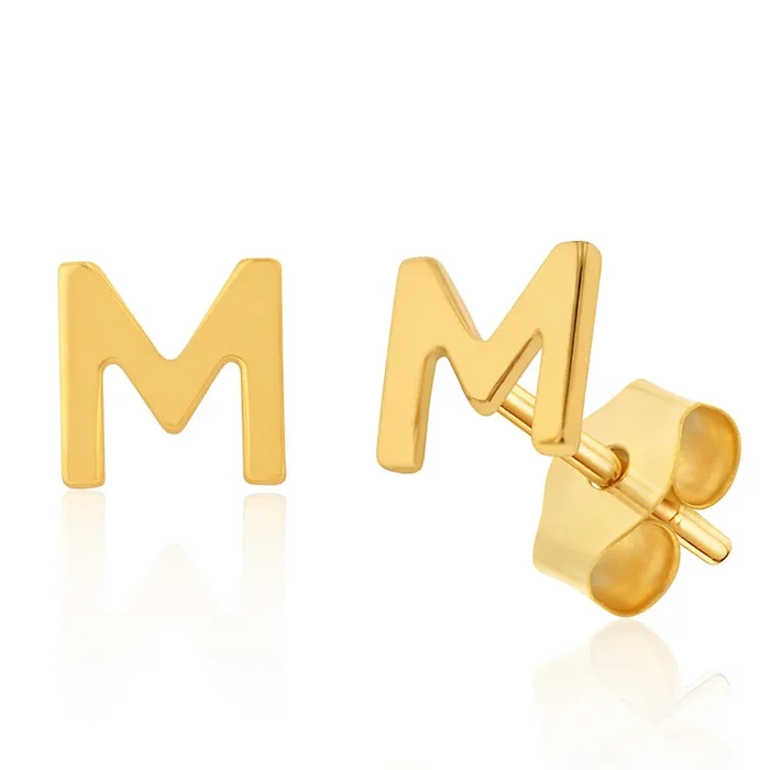 9ct Yellow Gold Mini Initial “M” Stud Earrings