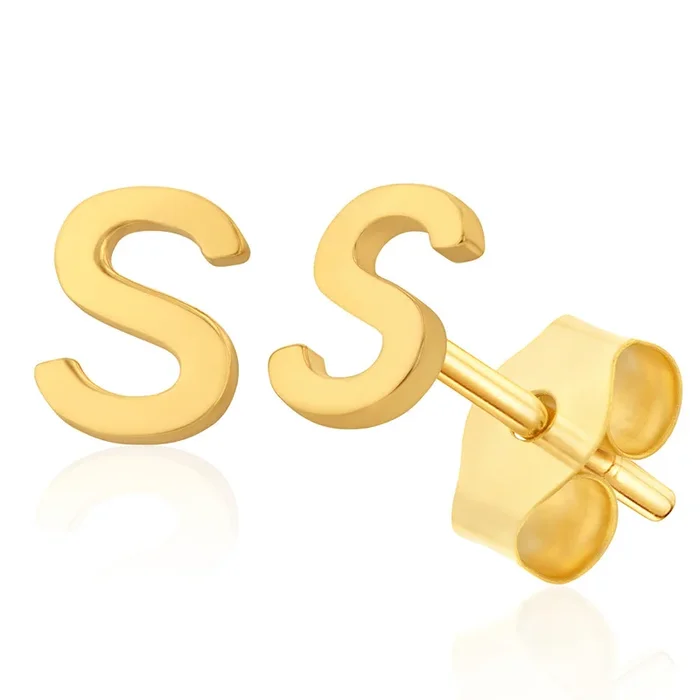 9ct Yellow Gold Mini Initial “S” Stud Earrings