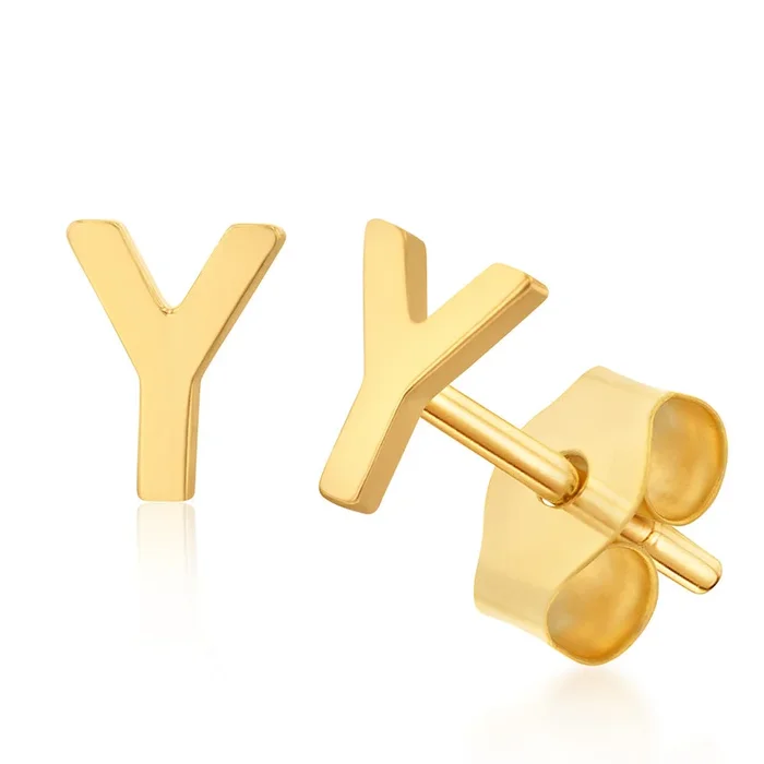 9ct Yellow Gold Mini Initial “Y” Stud Earings
