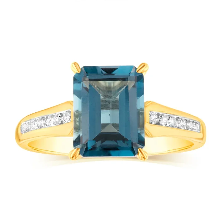 9ct Yellow Gold Natural London Blue Topaz and Channel Set Diamond Ring