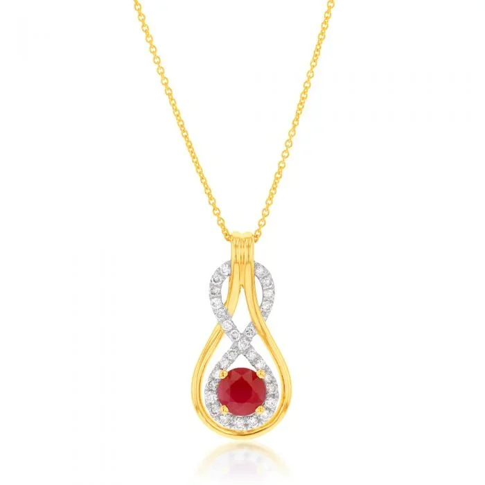 9ct Yellow Gold Natural Ruby 5mm and Diamond 0.22ct Infinity Pendant with 45cm Chain