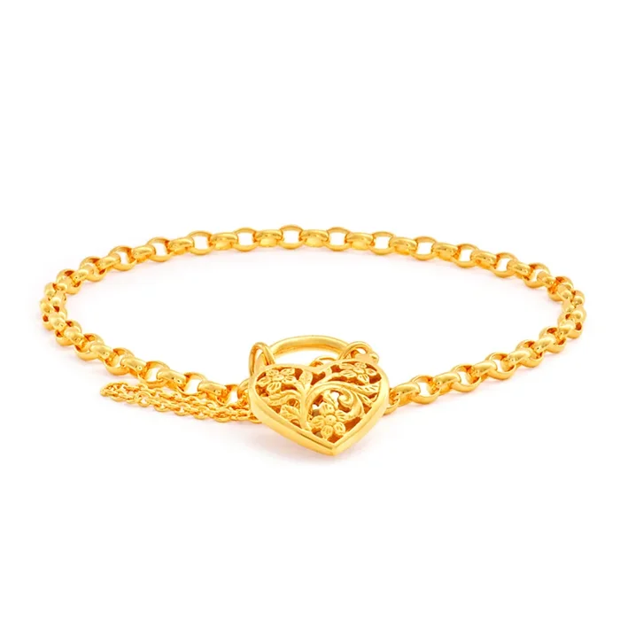 9ct Yellow Gold Oval Belcher Filigree Heart Charm Padlock 19cm Bracelet