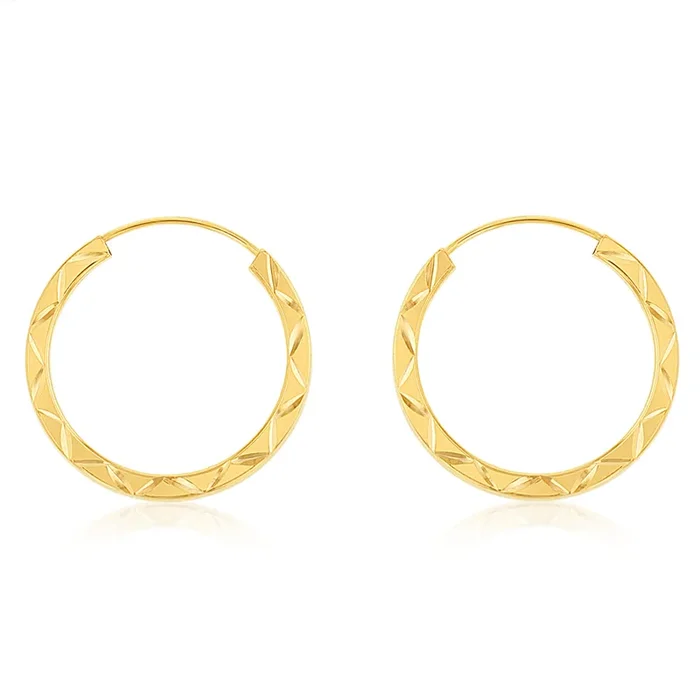9ct Yellow Gold Patterned 16mm Sleeper Earrings