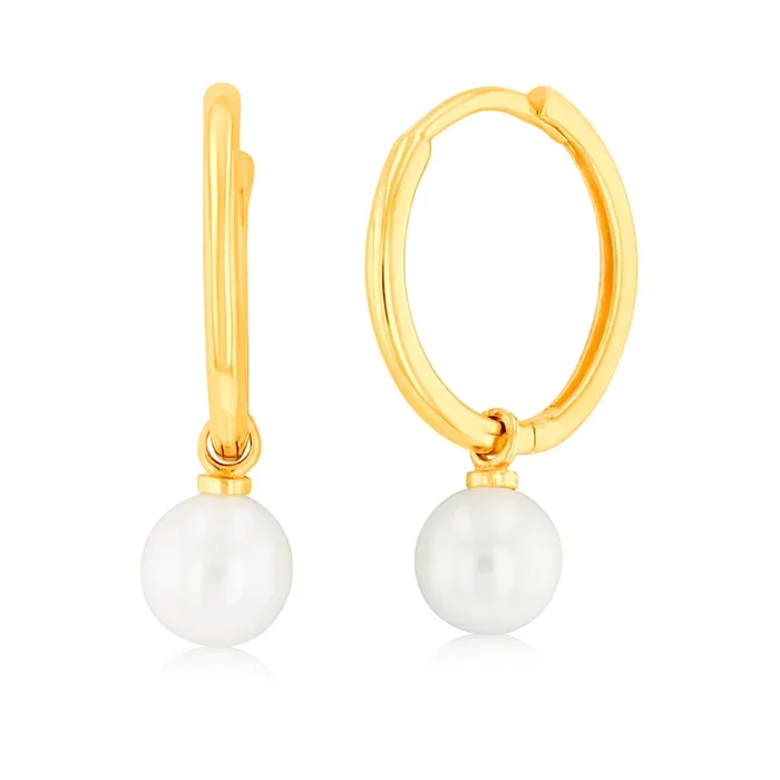 9ct Yellow Gold Pearl Hoop Earrings