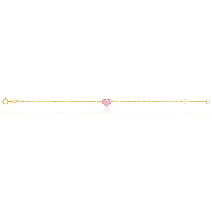 9ct Yellow Gold Pink Cubic Zirconia Heart Charm attached on 17cm Trace Link Bracelet