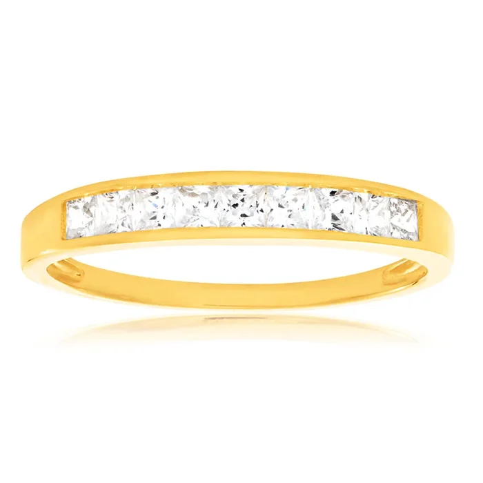 9ct Yellow Gold Princess Cut Channel Set Cubic Zirconia Ring