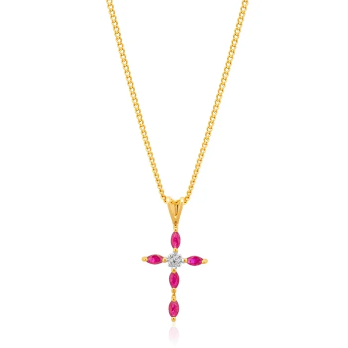 9ct Yellow Gold Ruby & Diamond Cross
