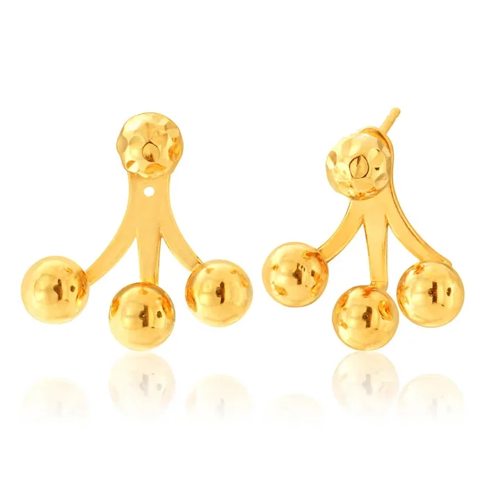 9ct Yellow Gold Silver Filled Balls Trio Ear Jacket Earrings