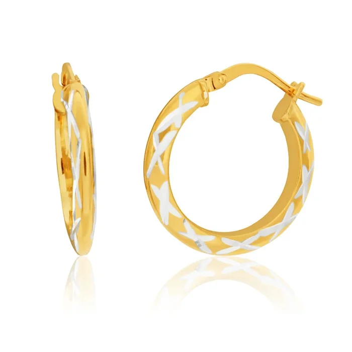 9ct Yellow Gold Silver Filled Criss Cross Diamond Cut 15mm Hoops Earrings