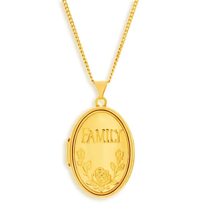 9ct Yellow Gold Silver Filled Oval Locket with ‘Family’ & Flower Design Engraving