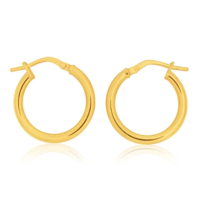 9ct Yellow Gold Silver Filled Plain 15mm (Internal) Hoop Earrings