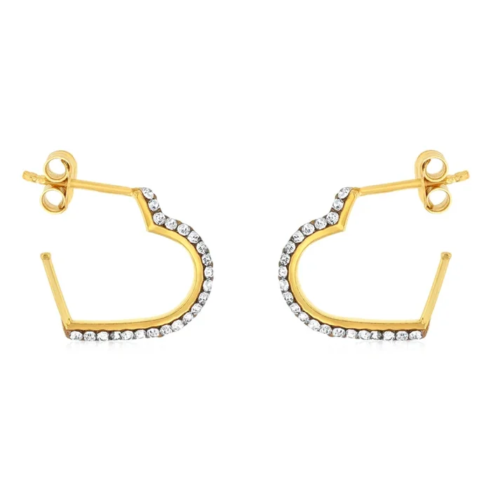 9ct Yellow Gold Silverfilled Crystals On Heart 3/4th Hoop Earrings