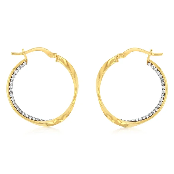 9ct Yellow Gold Silverfilled Crystals On Twisted Hoop Earrings