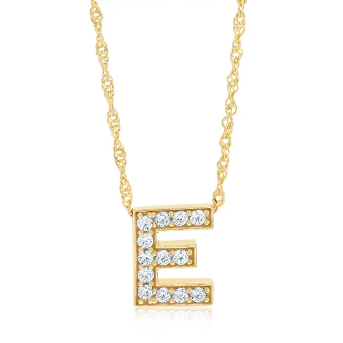9ct Yellow Gold Silverfilled Cubic Zirconia Initial Letter “E” Pendant On Chain