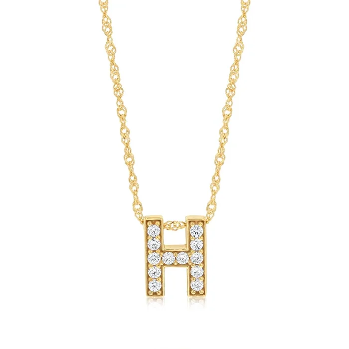 9ct Yellow Gold Silverfilled Cubic Zirconia Initial Letter “H” Pendant On Chain
