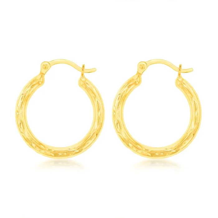 9ct Yellow Gold Silverfilled Diamond Cut 12mm Hoop