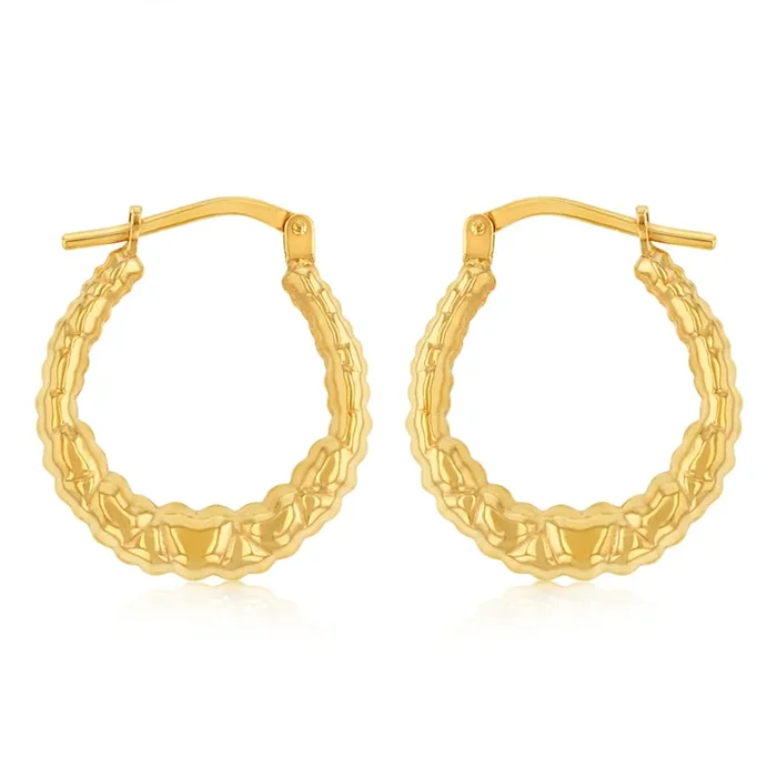 9ct Yellow Gold Silverfilled Patterned Creole Hoop Earrings