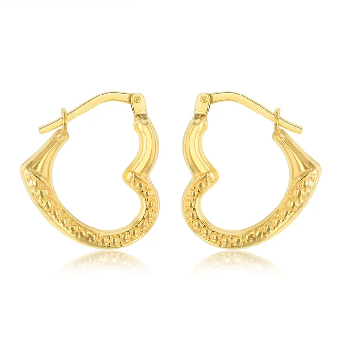 9ct Yellow Gold Silverfilled Patterned Heart Shaped Hoop Earrings
