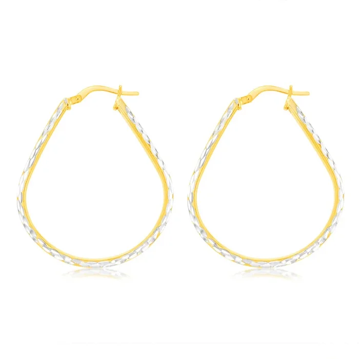 9ct Yellow Gold Silverfilled Textured Pear-Shaped Hoop Earrings