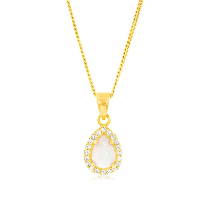 9ct Yellow Gold Teardrop Created Opal And Zirconia Pendant