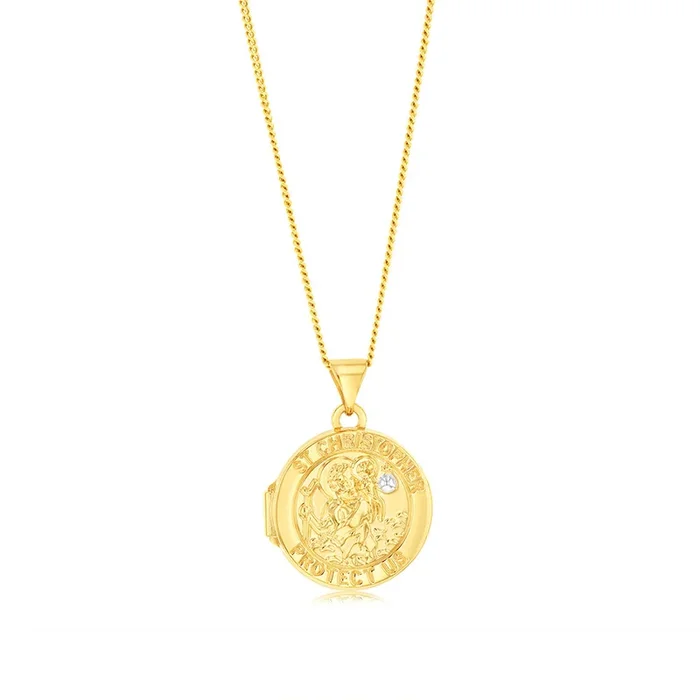 9ct Yellow Gold Two tone Round St Christopher 16mm Locket Pendant
