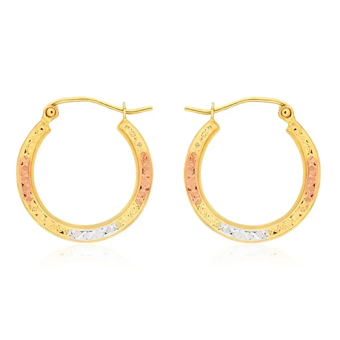9ct Yellow Gold, White Gold & Rose Gold Cut Out Hoop Earrings