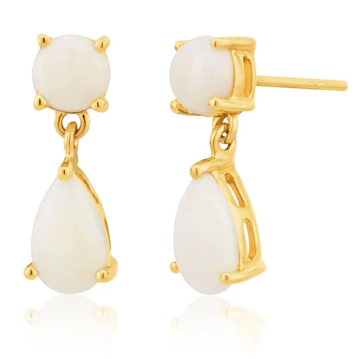 9ct Yellow Gold White Opal Drop Earrings
