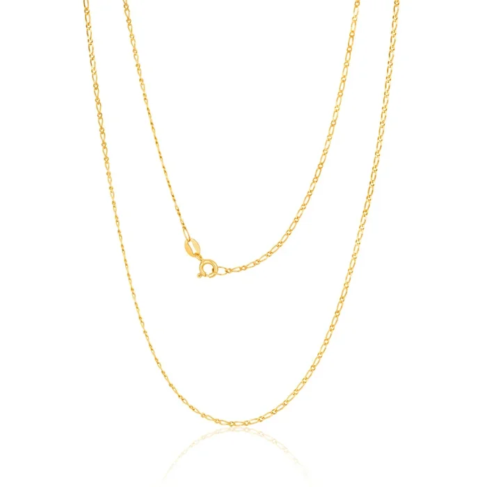 9ct Yellow Solid Gold Figaro 1:1 Diamond Cut 40 gauge 60cm Chain