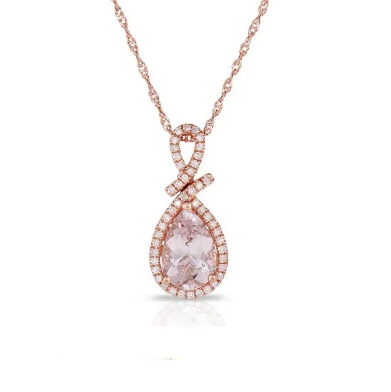 9X6MM Pear Morganite and Diamond Filigree Halo 18-inch Pendant in 14KT Rose Gold