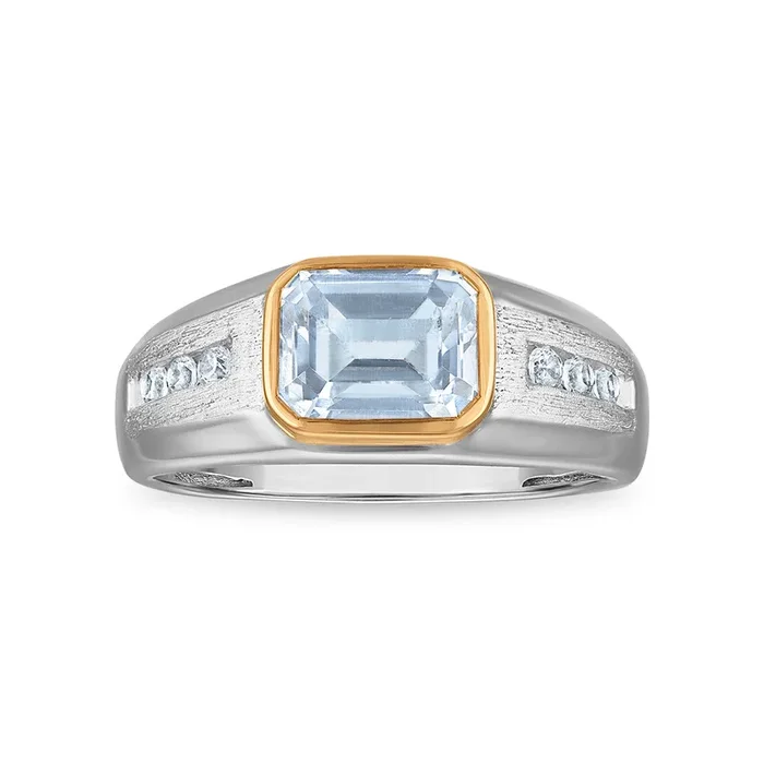 9X7MM Emerald Shape Aquamarine and White Sapphire Ring in Sterling Silver and 10K Yellow Gold
