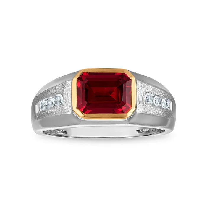 9X7MM Emerald Shape Ruby and White Sapphire Ring in Sterling Silver and 10K Yellow Gold