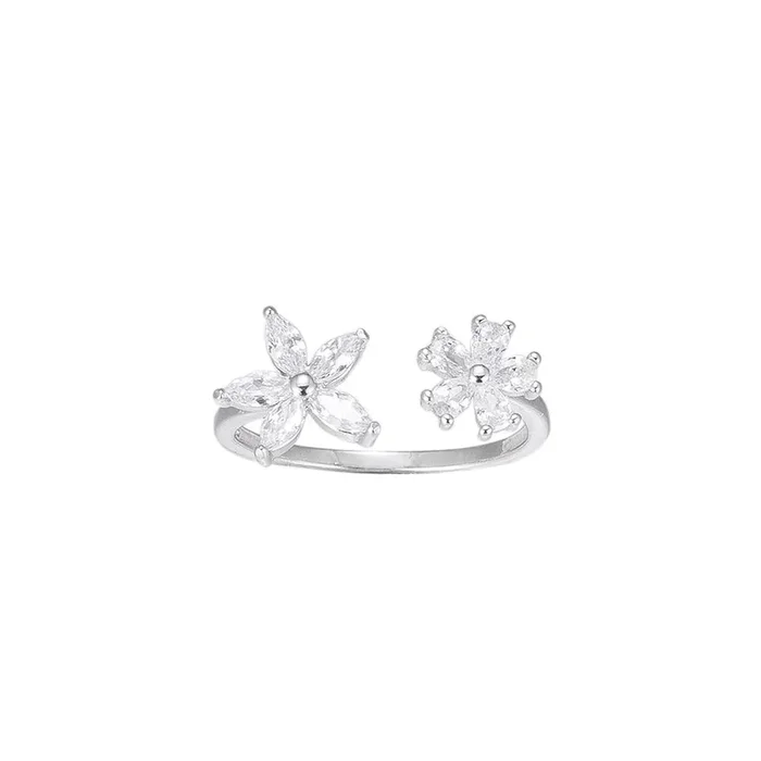 Adjustable Flower CZ Sterling Silver Ring