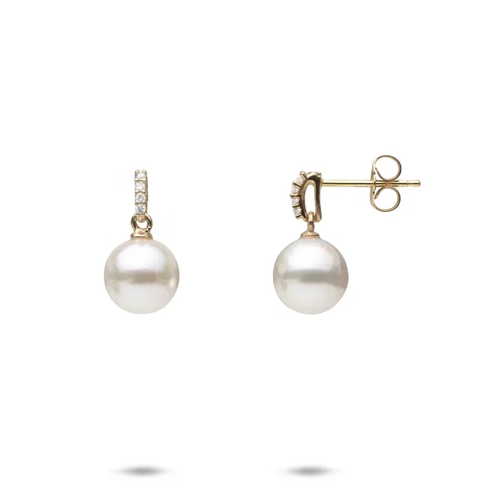 Akoya White Pearl Earrings in Gold with Diamonds – 8mm