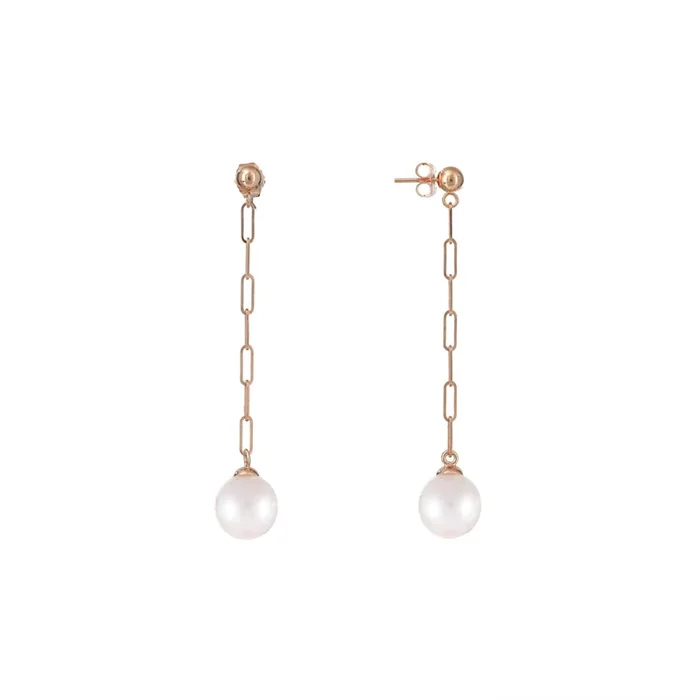 Akoya White Pearl Paperclip Chainearrings in Rose Gold -8mm