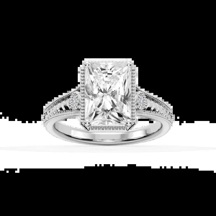 Alessia Radiant Lab Grown Diamond Vintage Bezel and Milgrain Side Stone Engagement Ring
