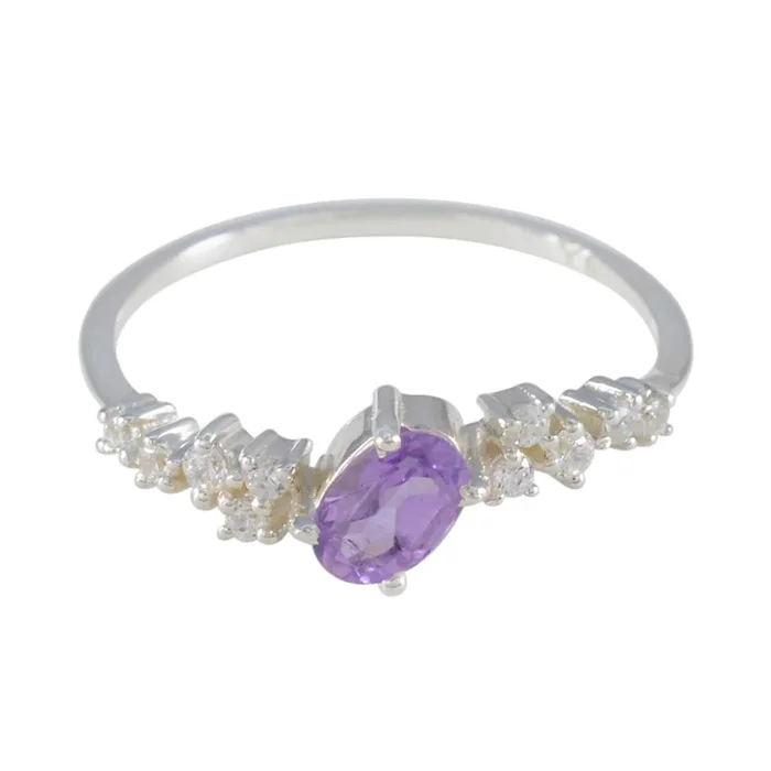 Amethyst Halo American 925 Sterling Silver Purple Gems Elegant Modern Ring Jewelry