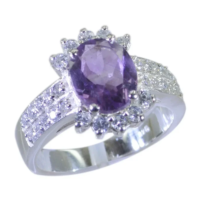 Amethyst Halo German Sterling Silver Purple Gemstone Classic Luxurious Ring Jewelry