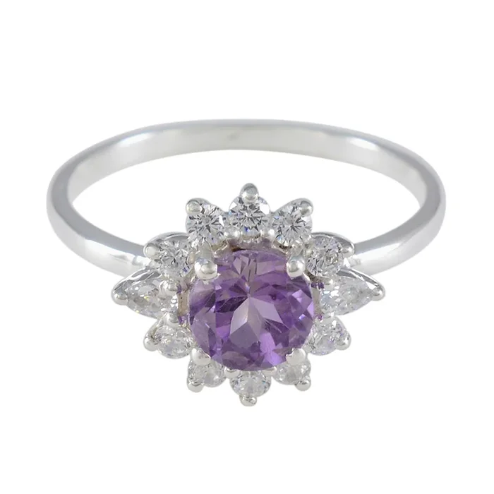Amethyst Halo Japanese 925 Sterling Silver Purple Gemstone Delicate Trendy Ring Jewellery