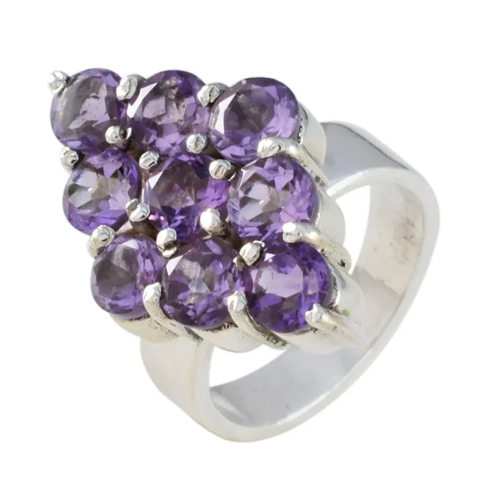 Amethyst Navratna French Sterling Silver Purple Gemstones Edgy Contemporary Ring Jewellery