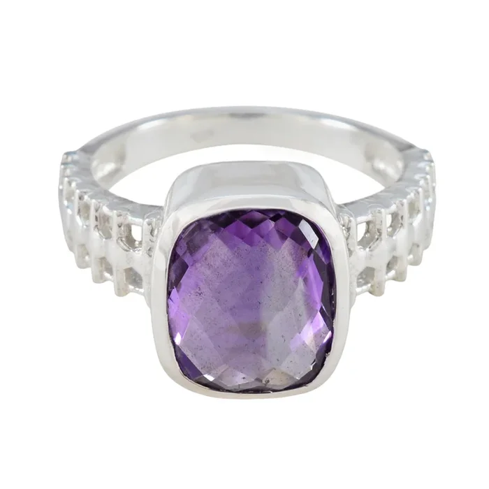 Amethyst Solitaire Egyptian Silver Purple Gemstone Mid-weight Abstract Ring Jewelry