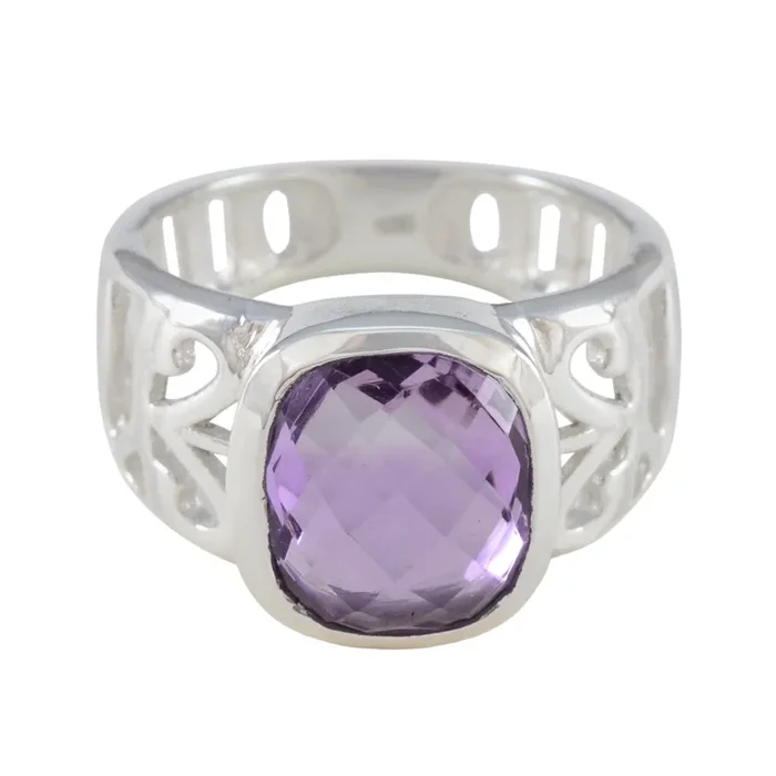 Amethyst Solitaire French 92.5 Silver Purple Gemstones Mid-weight Luxurious Ring Jewelry