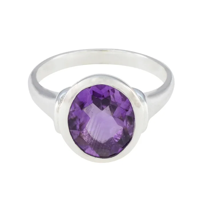 Amethyst Solitaire French 925 Sterling Silver Purple Gemstone Slim Boho Ring Jewellery