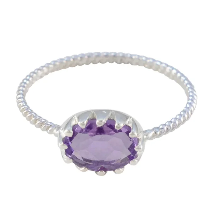 Amethyst Solitaire Japanese Silver Purple Gems Elegant Twist Ring Jewelry