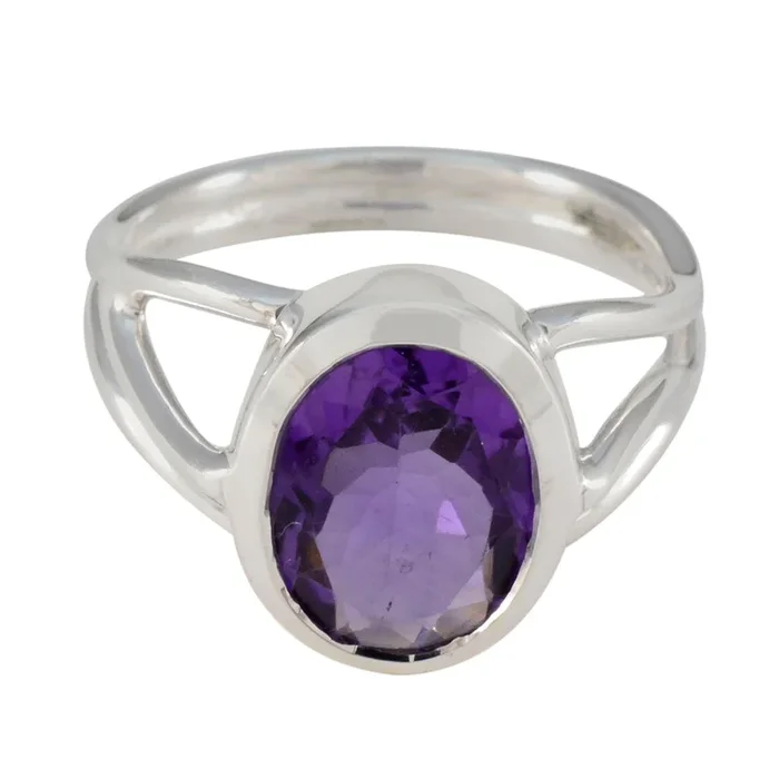 Amethyst Solitaire Russian 92.5 Silver Purple Gems Mid-weight Luxurious Ring Jewellery
