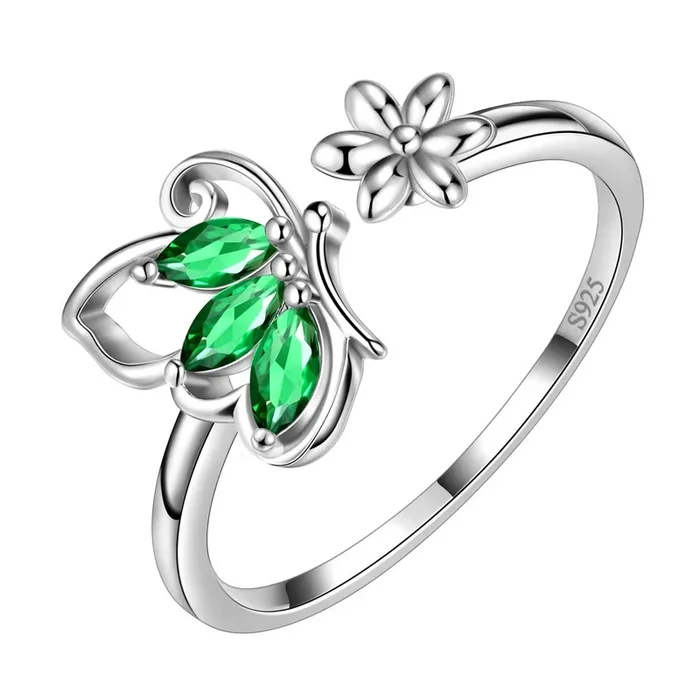 Anello a farfalla con pietra portafortuna aperta, smeraldo di maggio, gioielli da donna, regalo di compleanno
